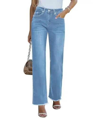 Produktbild: Roskiky Damen Straight Leg Jeans - High Waist, Weites Bein, Loose Fit, Hose Mit Weitem Bein, Stretch Jeans Blau S