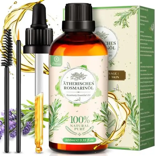 Produktbild: Rosmarinöl Haare 100ml, 100% Reines Natürliches Rosmarin Öl - Rosemary Oil für Haarwachstum, Haaröl gegen Haarausfall | Duftöl für Aroma Diffuser, Aromatherapie, Duftlampe | Ätherisches Öle