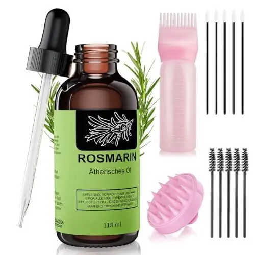 Produktbild: Rosmarinöl Haare und Silikon Kopfhaut Massagebürste & Haarwerkzeuge Applikator, Natürlich Premium Rosemary Oil for Hair Stimuliert Haarwachstum und gegen Haarausfall 118ml