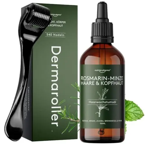 Produktbild: Rosmarinöl Minzöl Kopfhaut- und Haarstärkungsöl für gesundes Haarwachstum Haaröl mit Brennnesselöl, Schachtelhalmöl, Salbeiöl, Lorbeeröl, Rizinusöl, Vitamin E und mehr (100 ml + Dermaroller)