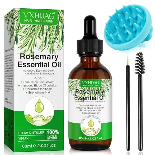 Produktbild: Rosmarinöl für das Haarwachstum 60ML - Premium Rosmarin ätherisches Öl für dünner werdendes trockenes beschädigtes Haar eingewachsene Nachwachsen Verlust Frauen Männer mit Silikon Scalp Massager