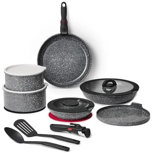 Produktbild: ROSSETTO 16-teilige Topfset Induktion mit abnehmbarem Griff und keramische Antihaftbeschichtung, stapelbar Kochtopf Set mit Glasdeckel, Bratpfanne, Kasserolle, Schmorpfanne, Crêpe Pfanne, Aluminium