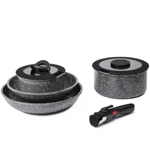 Produktbild: ROSSETTO 7-teilige Topfset Induktion mit abnehmbarem Griff und keramische Antihaftbeschichtung, stapelbar forged Aluminium Kochtopf Set mit Glasdeckel, Bratpfanne, Kasserolle