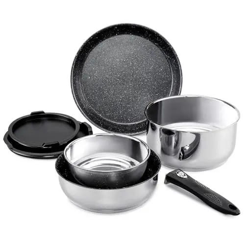 Produktbild: ROSSETTO Topfset Pfannenset Induktion 7-teilige Edelstahl Kochtopf Set mit Abnehmbarer Griff, PFAS-Frei Antihaftbeschichtet Pfanne 20/26cm, Kasserolle 16/20cm, für alle Herdarten, Stapelbar Ofenfest