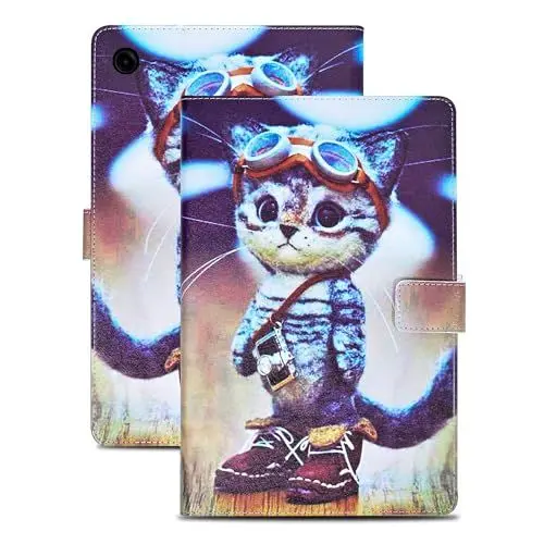 Produktbild: Rostsant Hülle für Samsung Galaxy Tab A9 8.7 Zoll 2023 PU Leder Hülle Magnetischer Ständer Samsung Galaxy Tab A9 Wallet Tablet Schutzhülle mit Ständer Funktion für SM-X110/X115/X117 Abenteuerkatze