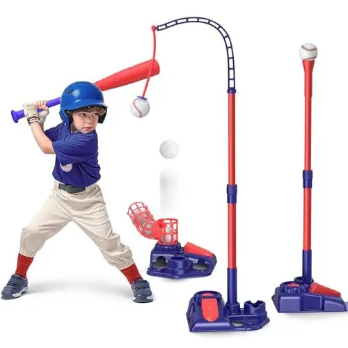 Produktbild: Rot 3-in-1-Baseball-Tee-Ball-Set für Kinder, Pitching Machine/verstellbares Batting Tee/einziehbarer Baseballschläger, T-Ball-Ständeranzug für draußen, Sportspielzeug-Geschenke für Jungen Mädchen 3+
