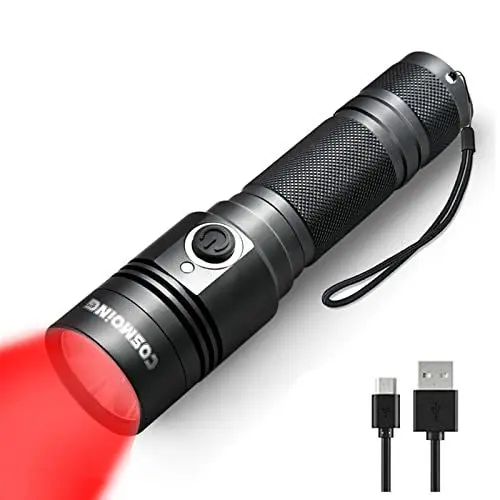 Produktbild: Rot Taschenlampen, COSMOING Aufladbar 300 Yards Taktische Rotlicht Taschenlampe mit Batterie hohe Lumen Handheld Rotlicht für Astronomie Nachtsicht Wandern