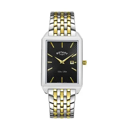 Produktbild: Rotary Herren Quartz Armbanduhr, 28.50mm GehäusegröÃŸe mit schwarz analog Zifferblatt und Two-Tone Gold Metallarmband Armband GB08021/04