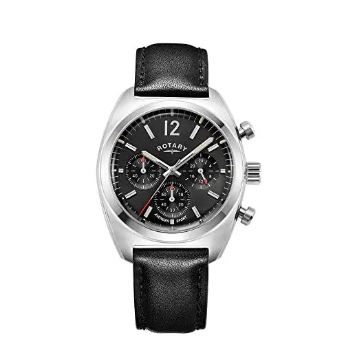Produktbild: Rotary Herren Quartz Armbanduhr, 40.00mm GehäusegröÃŸe mit schwarz analog Zifferblatt und schwarz Lederarmband Armband GS05485/65