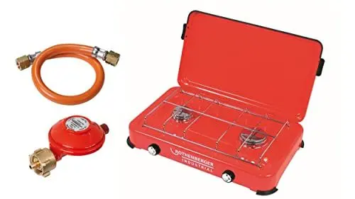 Produktbild: ROTHENBERGER Industrial Campingkocher, Gaskocher, windfester Outdoorkocher inkl. 0,8 m Propangasschlauch und Druckregler, 2 Kochstellen, Inbetriebnahme mit Propangasflasche 35940