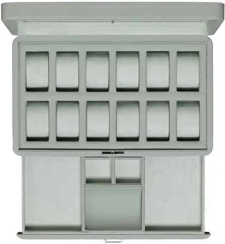Produktbild: ROTHWELL Luxus Uhrenbox für 12 Uhren - PU Leder Uhrenbox mit Echtglasdeckel - Ausziehbare Zubehörschublade mit mehreren Fächern (Seafoam)