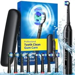 Produktbild: Rotierende elektrische Zahnbürste für Erwachsene mit 8 Bürstenköpfen (2 Typen), 4 Modi Deep Clean elektrische Zahnbürste mit 2m Smart Timer (Schwarz with travel case)