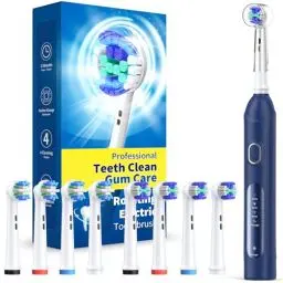 Produktbild: Rotierende elektrische Zahnbürste für Erwachsene mit 8 Bürstenköpfen (2 Typen), 4 Modi Deep Clean elektrische Zahnbürste mit 2m Smart Timer (deep Blue)