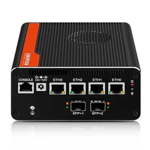 Produktbild: ROUAFWIT Mini PC 10Gbe Firewall Pentium 8505, DDR5 16GB RAM M.2 NVMe 512GB SSD, 2 x 10 Gigabit Ethernet SFP Micro Router Lüfter Gerät Computer, 4 x i226V 2.5GbE LAN Support Windows OPNsense