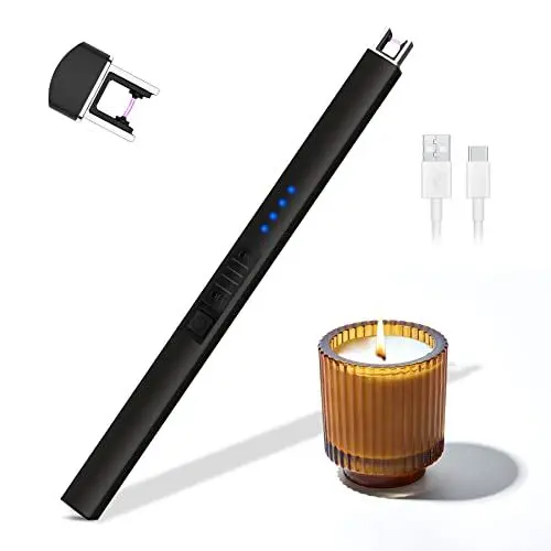 Produktbild: Rouclo Lichtbogen Feuerzeug Elektrisch,USB Aufladbar Feuerzeug Stabfeuerzeug Winddichtes, Elektro Kerzenanzünder Flammenlose Grillfeuerzeug Lighter für Kerzen Anzünden, Gasherd, Küche (Schwarz)