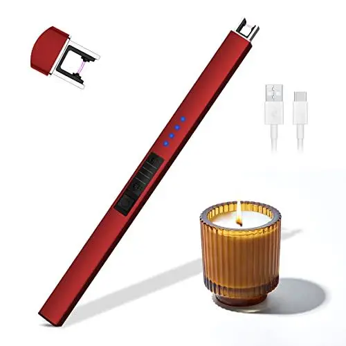 Produktbild: Rouclo Lichtbogen Feuerzeug Elektrisch,USB Aufladbar Feuerzeug Stabfeuerzeug Winddichtes, Elektro Kerzenanzünder Flammenlose Grillfeuerzeug Lighter für Kerzen Anzünden, Gasherd, Küche (rot)