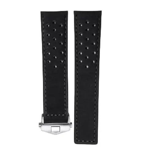 Produktbild: ROUHO Uhrenarmband aus Echtem Leder Atmungsaktives Uhrenarmband Uhrenzubehör für T-A-G HE-UE-R CAR-RE-RA AQ-UARA-CER MON-ACO-Schwarz + Silber Schnalle 22mm