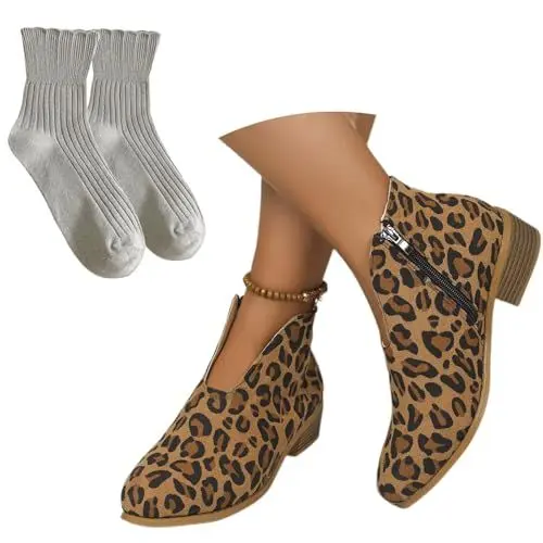Produktbild: Round Toe Stiefeletten Damen Combat Ankle Boots Mit Blockabsatz Retro Wildleder Kurz Stiefel Herbst Winter Booties Mit Reißverschluss Große Größe Knöchel Schuhe Für Outdoor, Party(Leopard,39 EU)