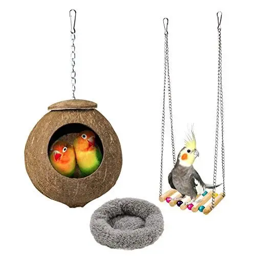 Produktbild: Roundler Vogelnest aus natürlicher Kokosnussschale, Hamster-Kokosnuss-Hängematte, hängende Vogelnesthöhlen, Schlafbereiche mit weichem Kissen und 1 Hamsterschaukel für Papageien, Wellensittiche, Fink