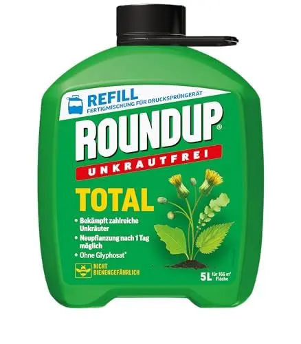 Produktbild: Roundup Unkrautfrei TOTAL, 5 Liter Nachfüller, Unkrautvernichter, zur Bekämpfung von Unkräutern, Gräsern und Moos
