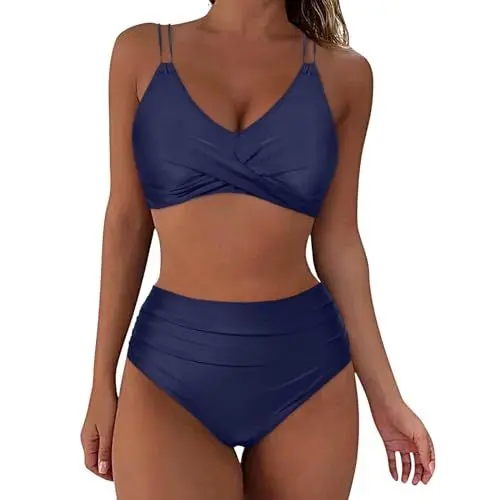 Produktbild: Rouped 2024 Bikini Damen Set V-Ausschnitt überkreuztes High Waist Push Up Zweiteiliger Badeanzug Bikinioberteil Bikini-Sets Swimsuit Zweiteiliger Badeanzug DunkelBlau#6,M