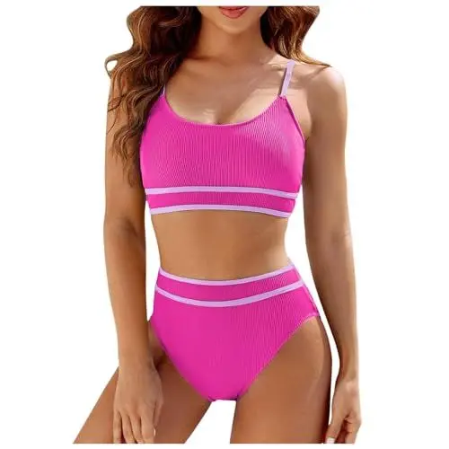 Produktbild: Rouped 2024 Damen Bikini Set High Farbblock Badeanzüge Waist Sportliche Zweiteilige Badeanzug High Badeanzüge Split Push Up Zweiteilige Bikini Beachwear Bademode Hot Pink, M