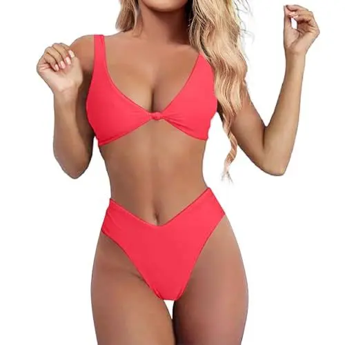 Produktbild: Rouped 2024 Damen Bikini Set sexy Einfarbig V-Ausschnitt vorne Push Up Strandbikini Triangel Breites Tanga Zweiteiliger Badeanzug Split Zweiteiliger Badeanzug Wassermelonenrot#16, L