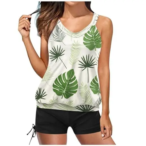 Produktbild: Rouped Damen Tankini Set Elegant Bauchweg 3D Druck Zweiteiler Badeanzug High Waist Bikini Tank Top Shorts Oberteile und Badeshorts Zweiteiliger