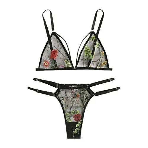 Produktbild: Routinfly Damen sexy Unterwäsche,Damen Sexy Unterwäsche Schlafanzug,Neue Damen Unterwäsche Blumenstickerei Spitze BH Tanga Dessous Set G-String S-3XL