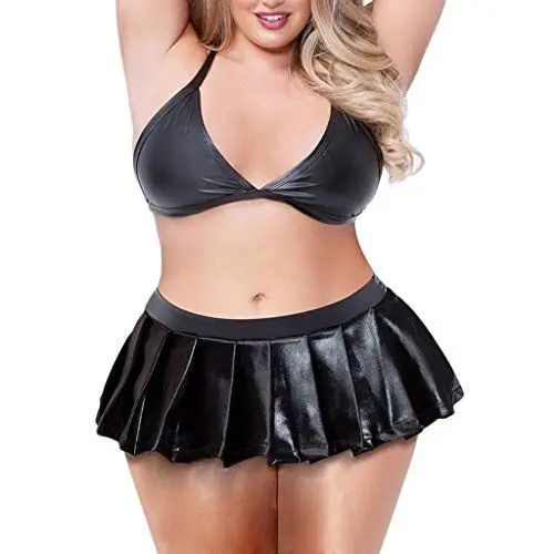 Produktbild: routinfly Damen Reizwäsche Sexy Spitzen Dessous Bodysuits Pyjamas Nachtwäsche Erotik Dessous Sexy Dessous Set,Sexy Frauen Dame Leder V-Ausschnitt Plus Size BH Unterwäsche Minirock Dessous Set