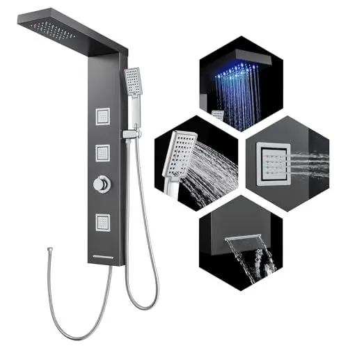 Produktbild: ROVOGO LED Duschpaneel ohne Armatur Grau, Duschsäule mit 4 Funktionen, Regendusche, Massagedusche, Handbrause und Wanneneinlauf für Badezimmer Dusche, Duschpaneele Edelstahl, Regendusche ohne Armatur