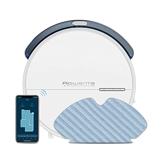 Produktbild: Rowenta Saugroboter extra flach X-Plorer Serie 60, nur 6cm hoch, zentrale Bürste, systematische Reinigung dank Gyroskop, Steuerung per App, 2 in 1 Reinigung, Saugen und Wischen, 65 dB, 90 min, RR7447