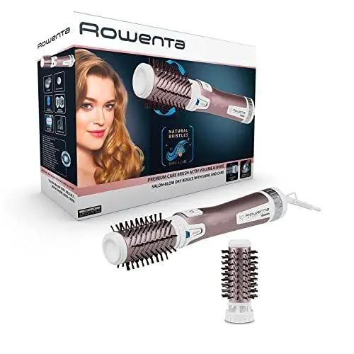 Produktbild: Rowenta Brush Activ Premium Care rotierende Warmluftbürste, mit Naturborsten, Kaschmir-Keratin- und Arganöl-Beschichtung, 2 Bürstaufsätze inklusive, 3 Stufen, Föhnbürste, weiß/kupfer, CF9540