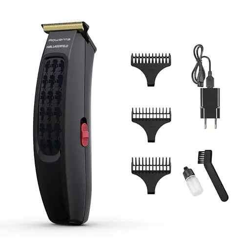 Produktbild: Rowenta x KARL LAGERFELD Cut & Style Haarschneider, 3 Kämme, Titaniumklingen, LED Batterieanzeige, 90 min Akkulaufzeit, Schwarz/Rot, TN182LF0