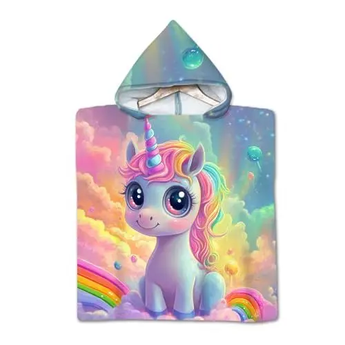Produktbild: Rowjoy Badeponcho Kinder, Kinder Strandtücher Mikrofaser, Schnell Trocknender Bademantel für Jungen Mädchen (Pink-#Einhorn)