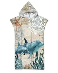 Produktbild: Rowjoy Strandtuch Poncho, Ozean Tier Drucken Surf Poncho, Blau Unterwasser Welt Strandtuch mit Kapuze, Handtuch Poncho Schnell Trocknender Badeponcho für Erwachsene (Blue Whale2-75x65cm)