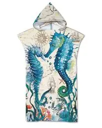 Produktbild: Rowjoy Strandtuch Poncho, Ozean Tier Drucken Surf Poncho, Blau Unterwasser Welt Strandtuch mit Kapuze, Handtuch Poncho Schnell Trocknender Badeponcho für Erwachsene (Seahorse2-75x65cm)