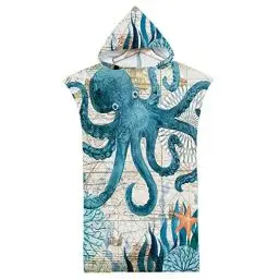 Produktbild: Rowjoy Strandtuch Poncho, Surf Poncho Damen und Herren, Ozean Tier Drucken Mikrofaser Strandtuch, Badeponcho Strandtuch mit Kapuze, Schnelltrocknender Poncho für Strand Schwimmen (H2-75X110cm)