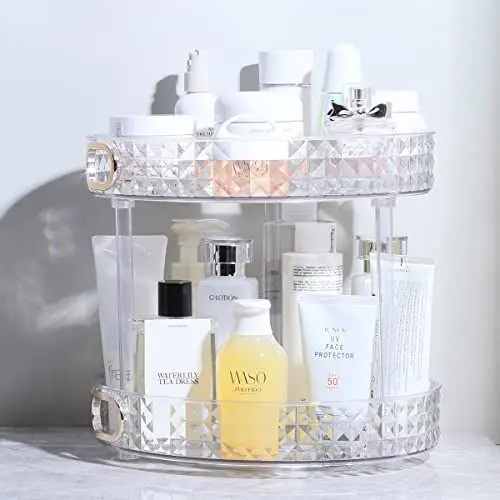 Produktbild: ROWNYEON Make up Kosmetik Organizer, 360° Drehbar Hautpflege 2 Lagen Skincare Parfüm Badezimmer Organizer, Schminktisch Organizer, Kosmetik Aufbewahrung Box für Dresser,Schlafzimmer, Bad,Clear