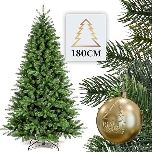 Produktbild: ROYAL CHRISTMAS Weihnachtsbaum künstlich 180cm inkl. Metallständer - Naturgetreu mit dichten Zweigen - Künstlicher Weihnachtsbaum für Innen- & Außenbereich –Tannenbaum künstlich
