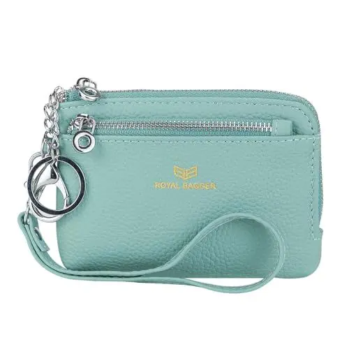 Produktbild: Royal Bagger RFID Geldbörse mit Schlüsselanhänger, Echtleder Multi Zipper Clutch Wallet, Portable Wristlet Card Holder (Macaron)