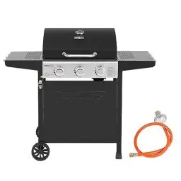 Produktbild: Royal Gourmet Gasgrill Grillwagen 3 Brenner 9 kW Camping Gaskocher mit Kochplatte, Gartengrill mit Flaschenöffner, Druckminderer und Gasschlauch Grillrost ca. 60 x 42 cm, Schwarz