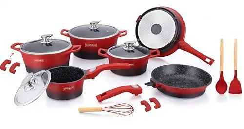 Produktbild: ROYALTY LINE, 17-teiliges Set, Kochgeschirr aus gegossenem Aluminium, marmorierte Beschichtung, mit abnehmbaren Silikongriffen, für alle Herdarten geeignet, 24-28 cm, Rot