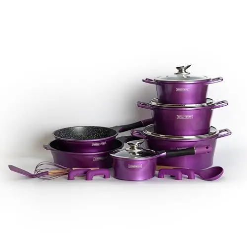 Produktbild: Royalty Line® Topfset 17 Tlg. Lila - Töpfe Set geeignet für Induktion - Kochtopf Set & Pfannen mit Anti Haft Beschichtung - Pfannenset aus Alu mit Hitzeschutz Silikon Griffen - Topf set mit Deckel