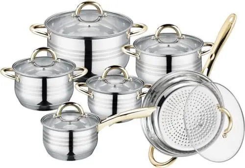Produktbild: Royalty line Edelstahl Kochgeschirr mit 5 Schichten 18 teilig Bratpfanne Topf Kochtopf mit Glasdeckel Töpfe für alle Herdarten geeignet auch Induktion (Silber)
