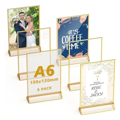 Produktbild: Royiwe Goldener doppelseitiger Bilderrahmen | A6 6er-Pack | 10X15CM Acryl Gold Tischkartenhalter | Aufsteller im Staffelei-Stil | Goldrahmen für Hochzeit Tischnummern, Fotorahmen，Speisekartenhalter