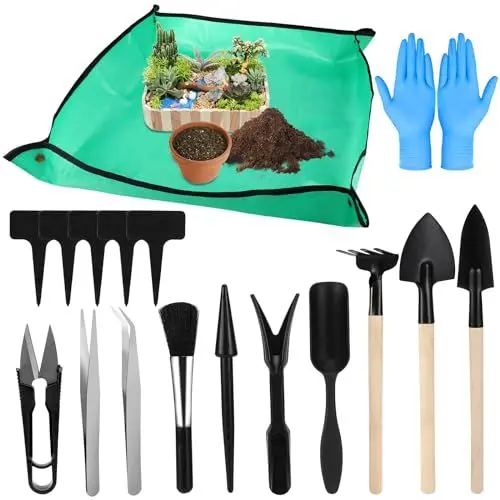 Produktbild: Royouzi 17 Piece Bonsai Starter Kit Gartenwerkzeug Set Mit 68 X 68 cm Pflanzenmatte, Geeignet FüR Die Pflege Von Blumen, Pflanzen, Das Wechseln Von TöPfen Und Das Auflockern Der Erde Pflanzmatte