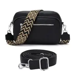 Produktbild: RQJZ 25x20cm Umhängetasche damen handtasche damen mittelgroß Vegan Leder tasche damen crossbody bag damen mit breitem gurt u Mehrere Fächer Schwarz