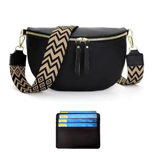 Produktbild: RQJZ Groß Bauchtasche Damen umhängetasche Damen mittelgroß Echtleder Crossbody Bag Damen stylisch gürteltasche Damen mit 5cm breiter Gurt schwarz