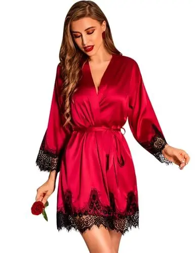 Produktbild: RSLOVE Bademantel Damen Satin Morgenmantel Seide Kimono Brautjungfer Robe mit Spitze Wein Rot S